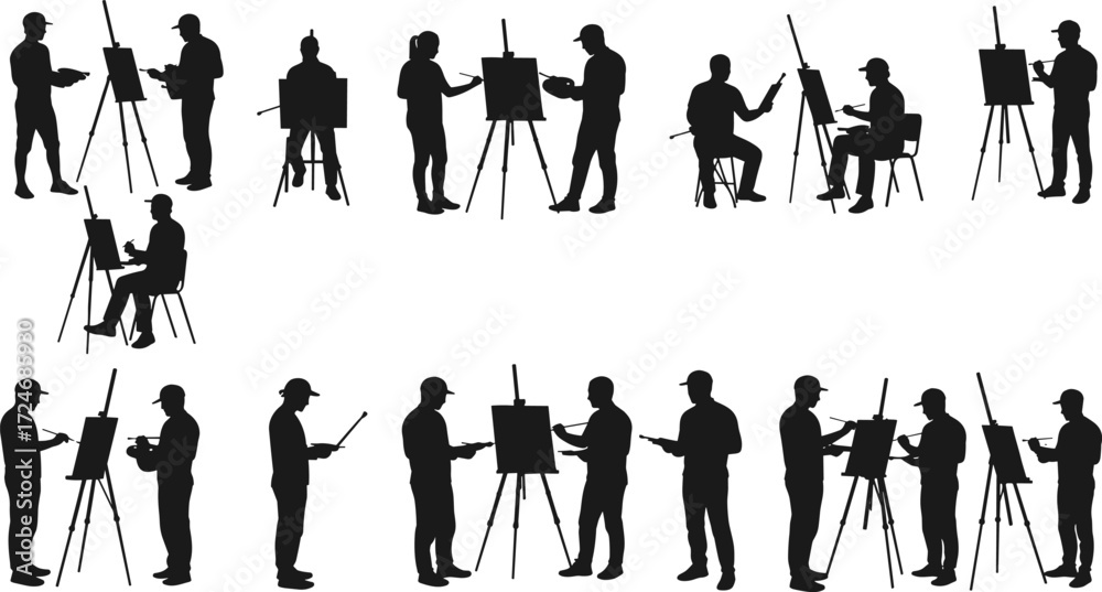 Obraz premium Artist silhouette, painting pose, drawing figure, easel interaction, creative posture, art education, black shape, brush, palette, studio scene