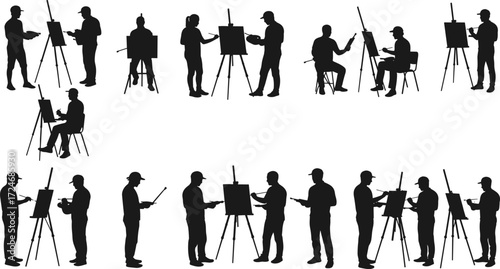 Artist silhouette, painting pose, drawing figure, easel interaction, creative posture, art education, black shape, brush, palette, studio scene