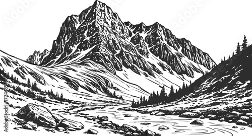 black-and-white-pencil-sketch-of-a-rugged-mountain.eps