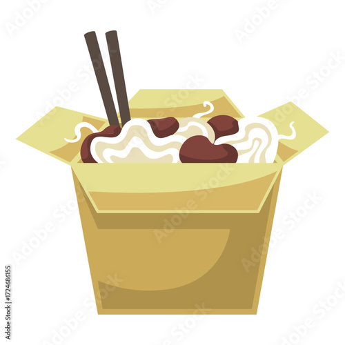 Open takeout box filled with noodles and meatballs with chopsticks