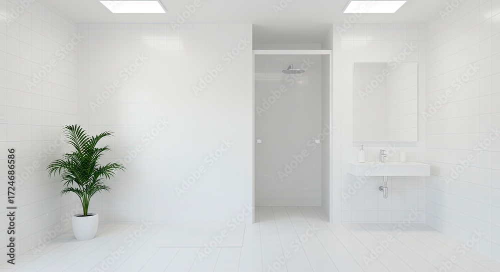 Fototapeta premium Bright minimalist bathroom with white tiles sink shower potted plant