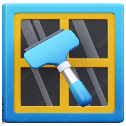 Realistic 3D illustration of a blue window squeegee with a yellow frame on a dark reflective window, perfect for cleaning and maintenance concepts