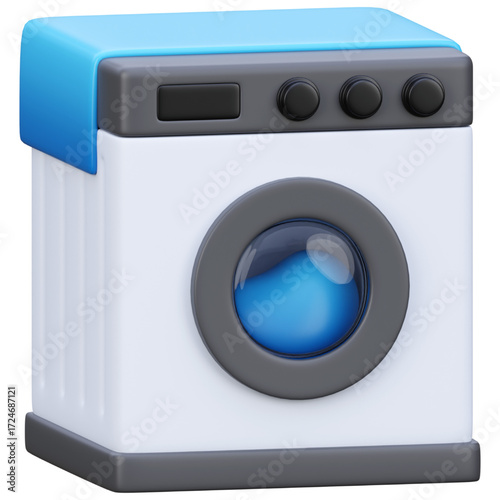 3D Render of a Modern Washing Machine with a Blue Lid and Interface, Perfect for Home Appliance or Laundry-Related Design