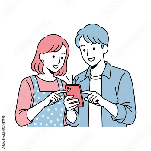 Smiling couple looking at smartphone together cartoon illustration