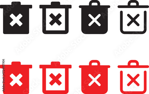 trash can, garbage bin, delete, remove, disposal, icon, symbol, cross, X mark, forbidden, cancel, error, vector, graphic, design, black, red, white background, container, waste, rubbish, junk, litter,