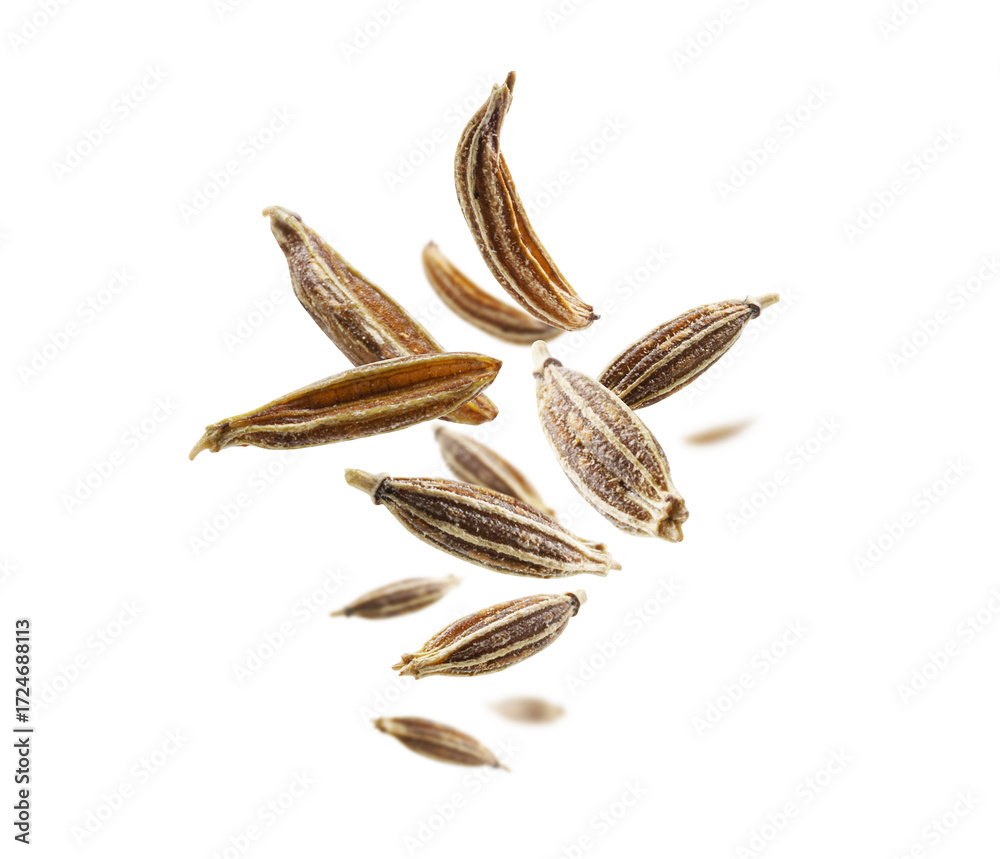 Obraz premium Zira seasoning seeds levitate on a white background