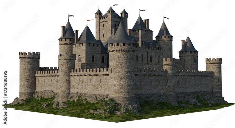 Obraz premium A medievalstyle stone castle with cylindrical towers flags atop a grassy knoll