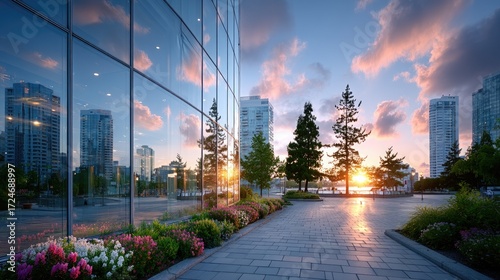 Fototapeta Naklejka Na Ścianę i Meble -  Modern Skyscraper Reflecting Cityscape at Sunset with Floral Garden and Trees along Walkway