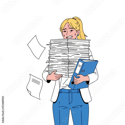 Overwhelmed businesswoman carrying stacks of paperwork vector illustration