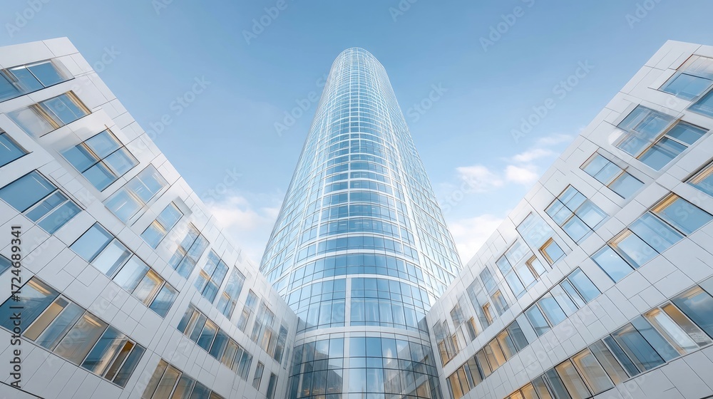 Fototapeta premium Modern Skyscraper With Glass Facade Under Blue Sky With White Clouds Bottom Up View White Architectural Design