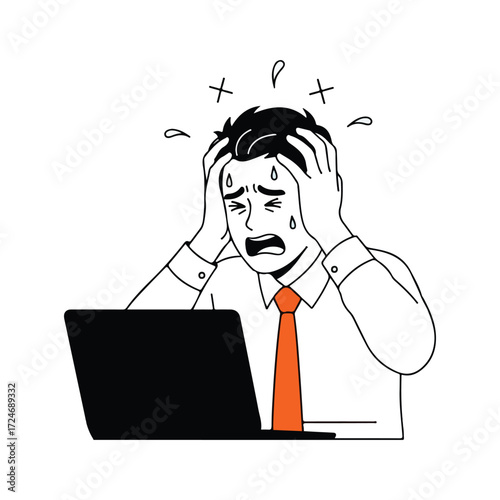 Stressed businessman at laptop with frustration vector illustration