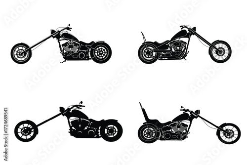 A collection of four custom chopper motorcycle silhouettes, representing the spirit of biker freedom and classic vehicle design