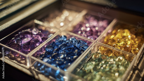 Colorful gemstones arranged in transparent boxes with various shapes, reflecting light and creating a vibrant display of hues including purple, blue, yellow, and green.