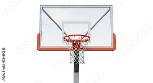 Front view of a basketball hoop with a white backboard orange rim and net against a white background