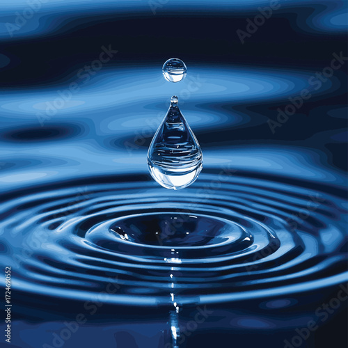 Stunning macro shot captures a crystal clear water drop with tiny bubbles suspended within, reflecting deep blue hues. , vector style simple color