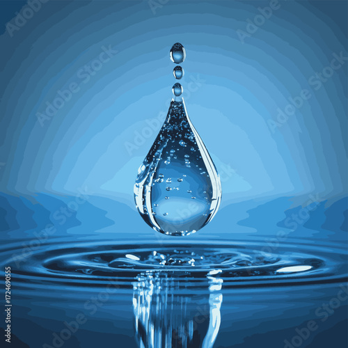 Stunning macro shot captures a crystal clear water drop with tiny bubbles suspended within, reflecting deep blue hues. , vector style simple color