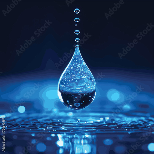 Stunning macro shot captures a crystal clear water drop with tiny bubbles suspended within, reflecting deep blue hues. , vector style simple color