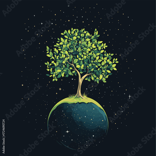 Green Tree Growing on Earth, Symbolizing Nature's Spiritual Connection. Perfect for: Earth Day, cosmic nature events, stargazing festivals , vector style simple color