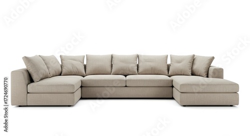 Beige Ushaped sectional sofa with square cushions on a white background