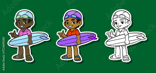 Boy surfer carrying surfboard sticker illustration