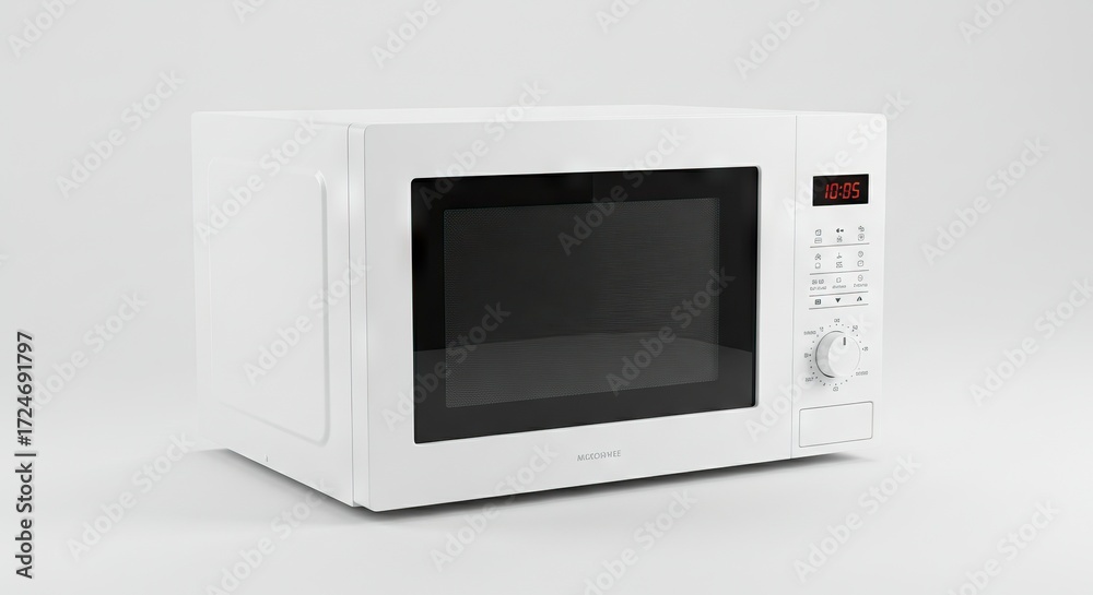 Obraz premium White microwave with a dark window digital display at 1005 and knob controls on a light background