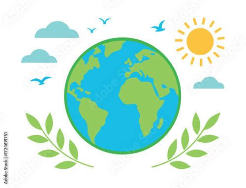 Earth Day illustration with globe sun clouds and olive branches design