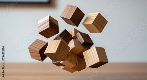 Floating wooden cubes in dynamic arrangement, showcasing different wood grains and textures