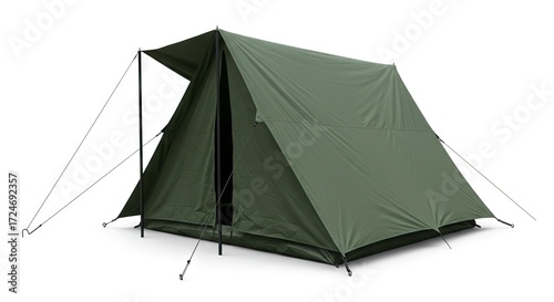 An olivegreen tent pitched on a white background with poles and tiedown ropes visible