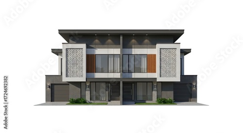 Modern duplex with grey facade geometric screens frontfacing garages  minimal landscaping