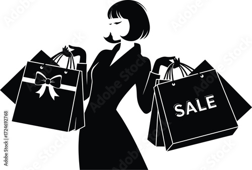 Stylish woman with shopping bags, excited for a sale event and retail therapy.