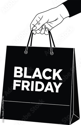 Hand holding a black shopping bag with "BLACK FRIDAY" text, symbolizing retail sales and consumerism.