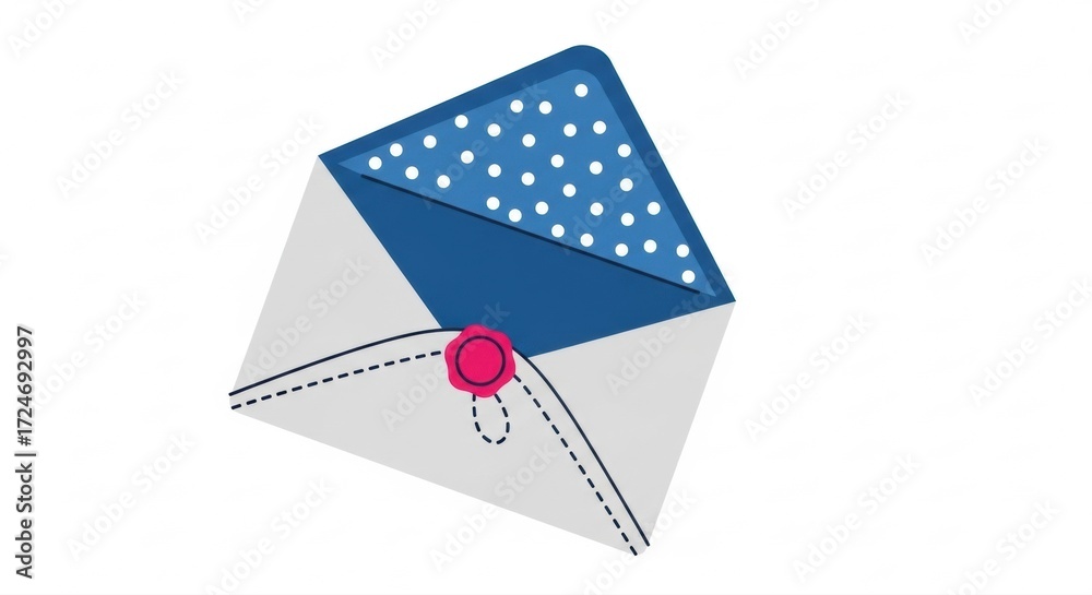 Fototapeta premium An open envelope with a blue polka dot interior and a pink wax seal on a white background