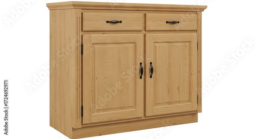 Light brown wooden cabinet with two drawers two doors and black handles against a white backdrop