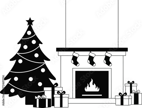 Cozy Christmas scene with decorated tree, fireplace, and gifts