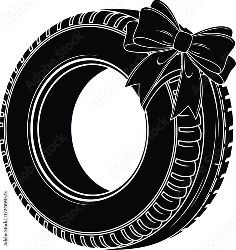 Car tire decorated with a festive bow, presented as a gift