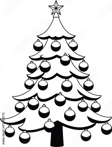 Festive decorated evergreen tree with ornaments and star topper, ready for holiday celebrations.