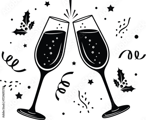 Celebration toast with sparkling champagne glasses surrounded by festive confetti and holly