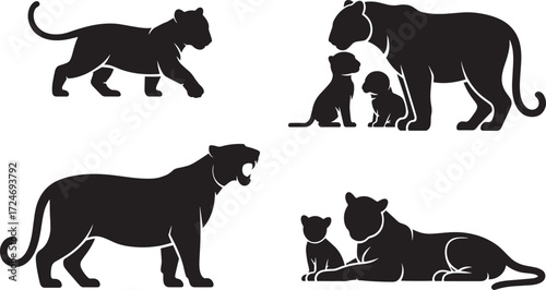 Black panther silhouettes set. Panthers with cubs. Wild animals isolated on transparent background