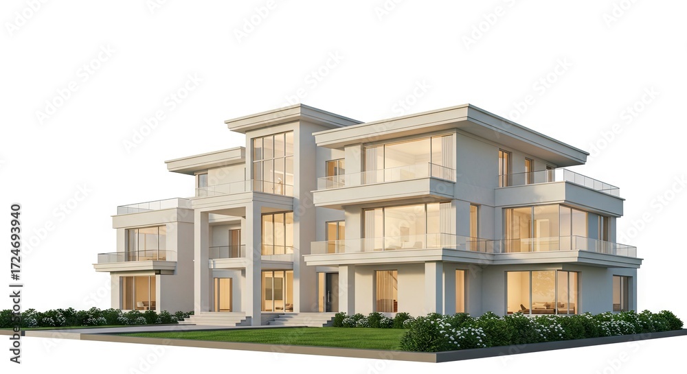 Fototapeta premium Modern building with large windows balconies and a wellmanicured lawn