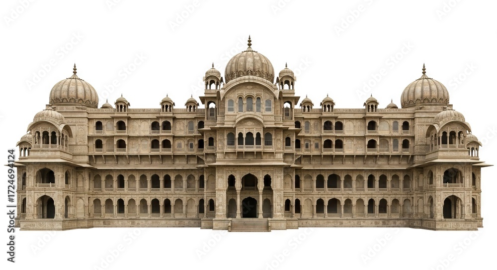 Fototapeta premium Elaborate palace with domes arches and intricate stonework set against a clear white background