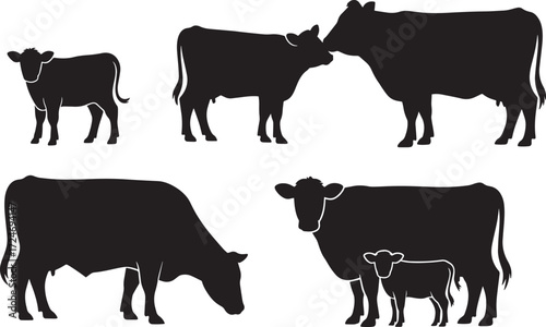 Cattle herd silhouette, cow calf farm animal, bull livestock agriculture mammal