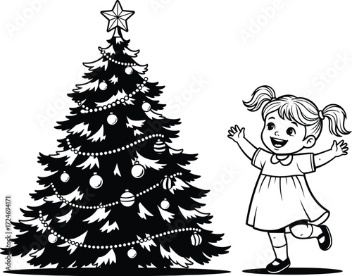 Joyful young girl with pigtails celebrates near a decorated Christmas tree