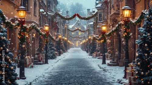 Snowy street scene decorated with colorful christmas lights during winter evening in hyper realistic detail