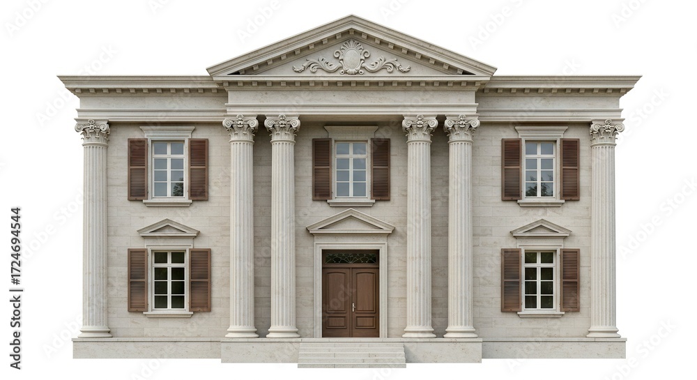 Obraz premium Neoclassical mansion facade with columns windows and triangular pediment