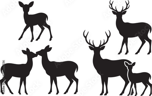 Deer Silhouettes Collection with Adult Deer and Fawn Outlines on Transparent Background