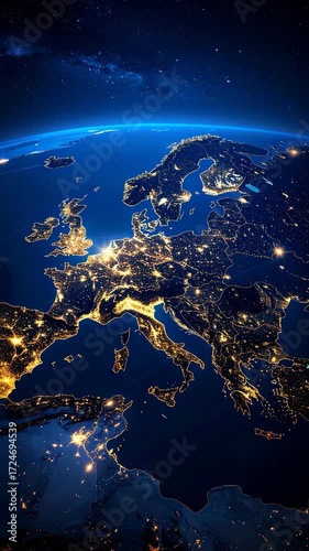 Europe at night, illuminated by city lights viewed from outer space, digital illustration.