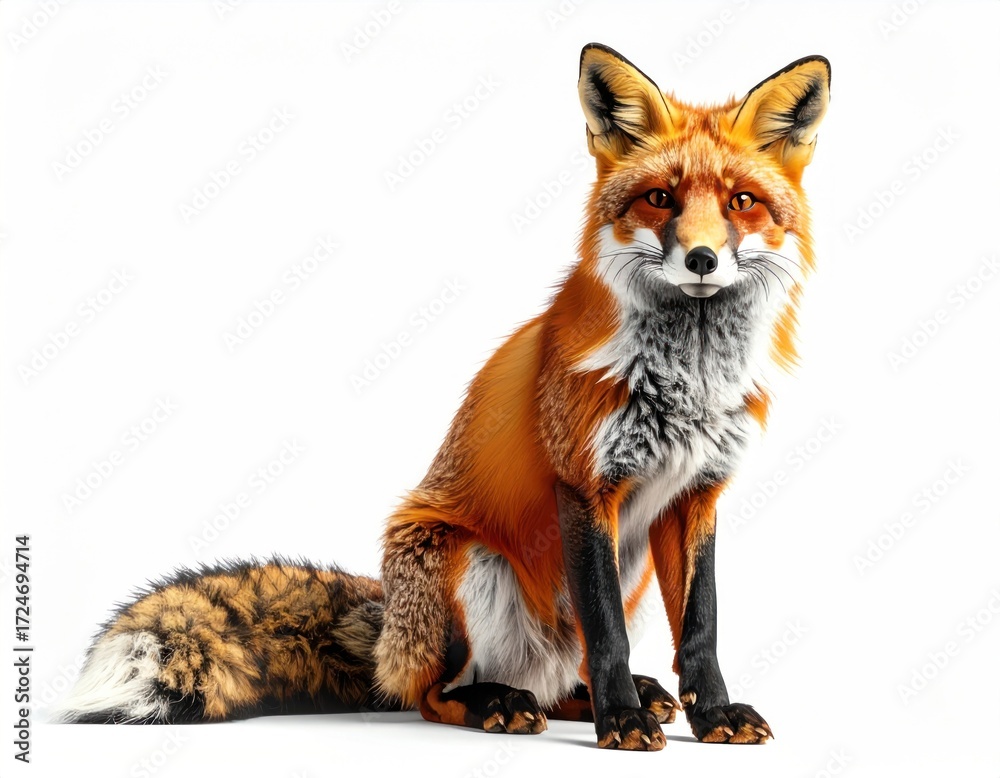 Obraz premium A vibrant, orange fox sits upright on a stark white background, its tail gracefully curling to the left, eyes gazing forward