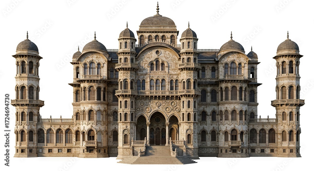 Naklejka premium Grand ornate palace with domes turrets arches stairs and intricate stone details