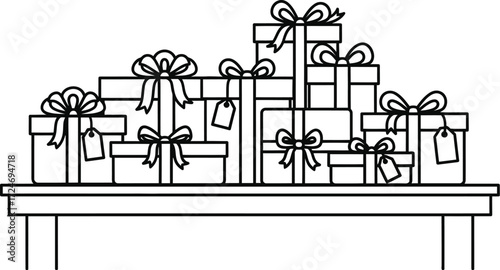 A festive collection of wrapped gift boxes with ribbons and tags, ready for celebration.