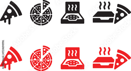 pizza, vector, design, illustration, icons, food, slice, whole, meal, italian, cuisine, fast food, delivery, takeout, icon, symbol, graphic, element, black, red, white, background, hot, steam, cheese,